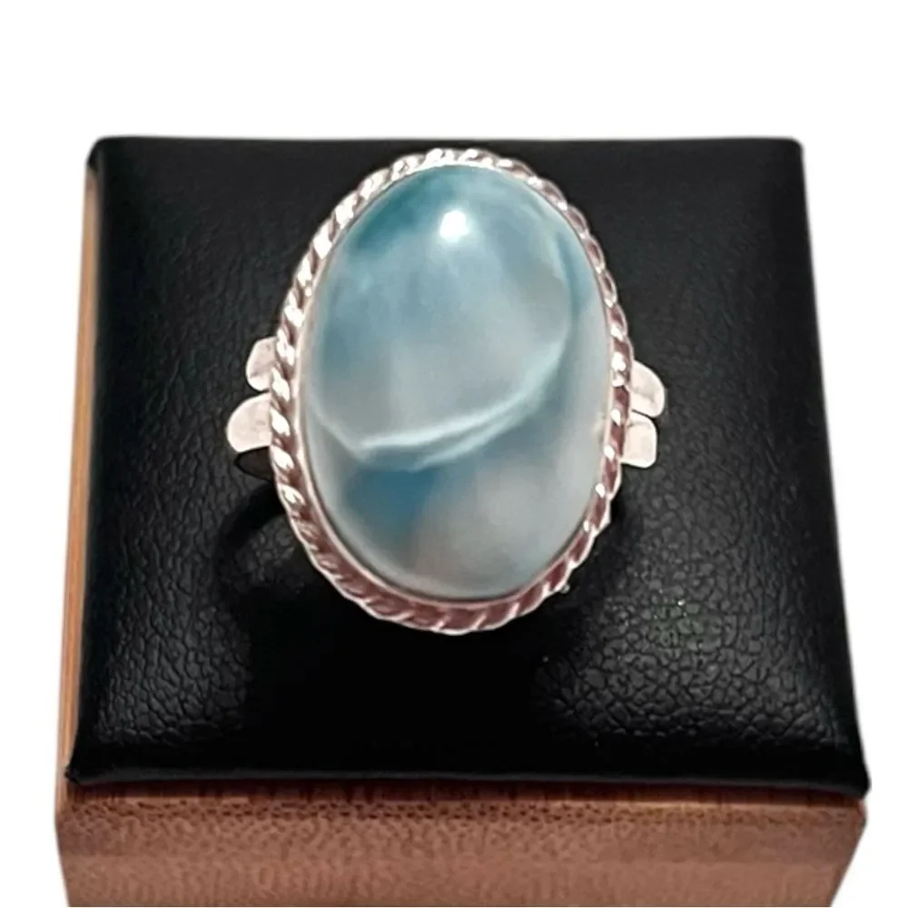 Elegant Sterling Silver Oval Larimar Adjustable Ring